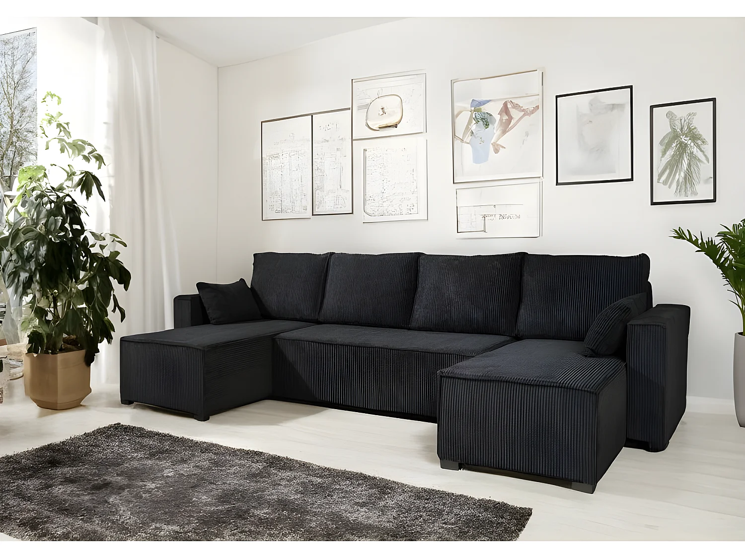 Canapé convertible en U  ANAFI en velours côtelé noir
