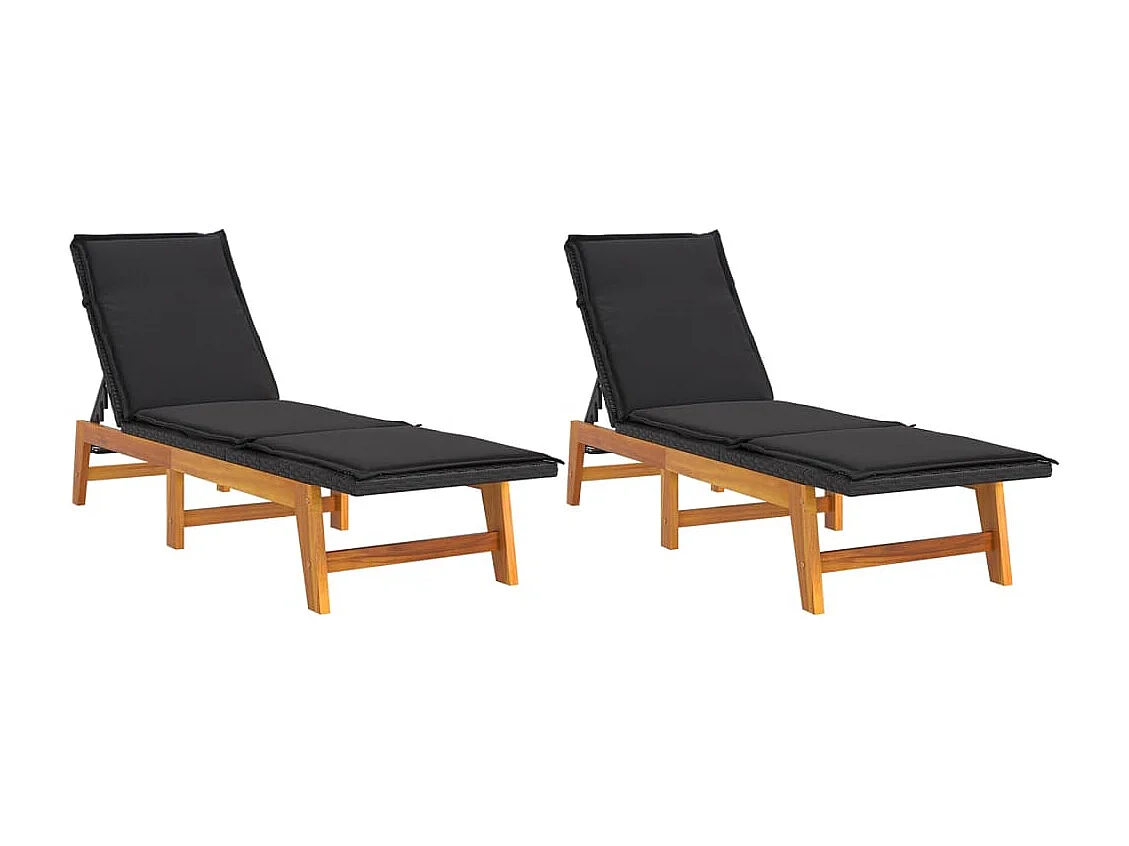 Ligbedden 2 st met kussens poly rattan en massief acaciahout