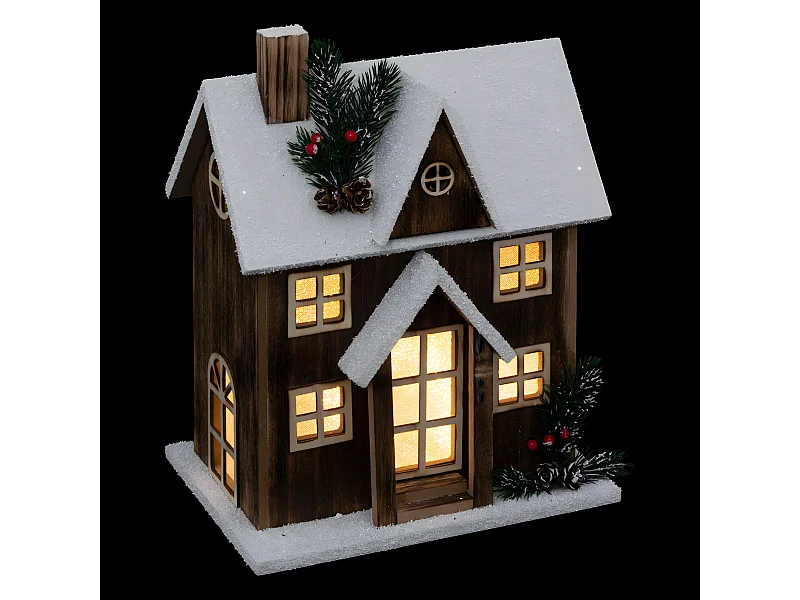 Déco Lumineuse Maison enneigée en bois LED Blanc chaud H 33 cm