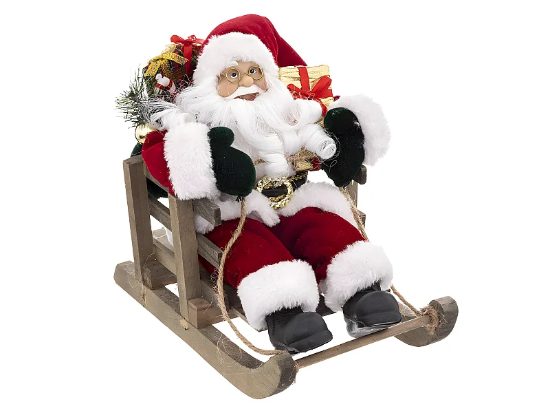 Père Noël en habit traditionnel velours rouge sur sa luge 26 x 15 x 26 cm