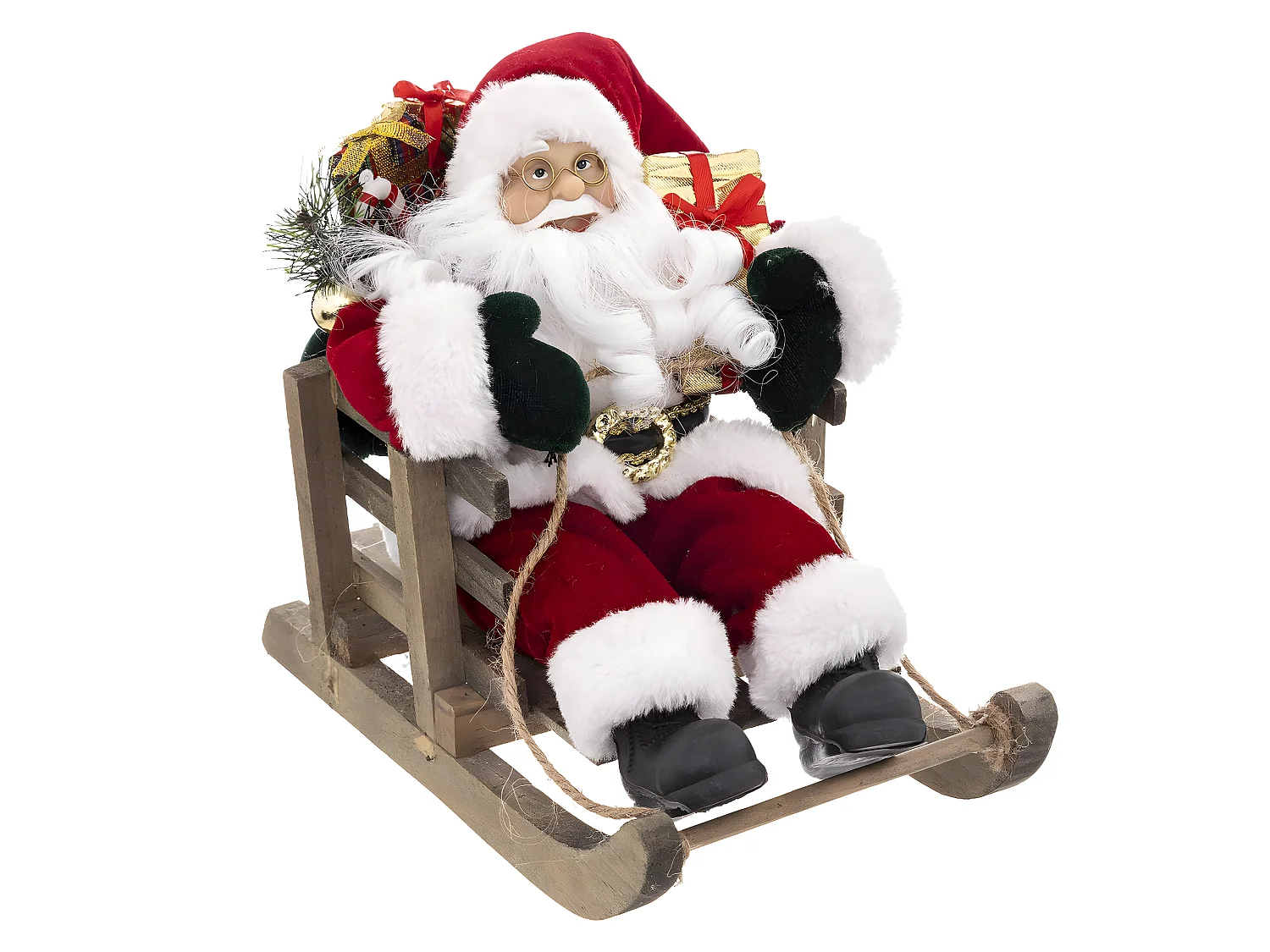 Père Noël en habit traditionnel velours rouge sur sa luge 26 x 15 x 26 cm