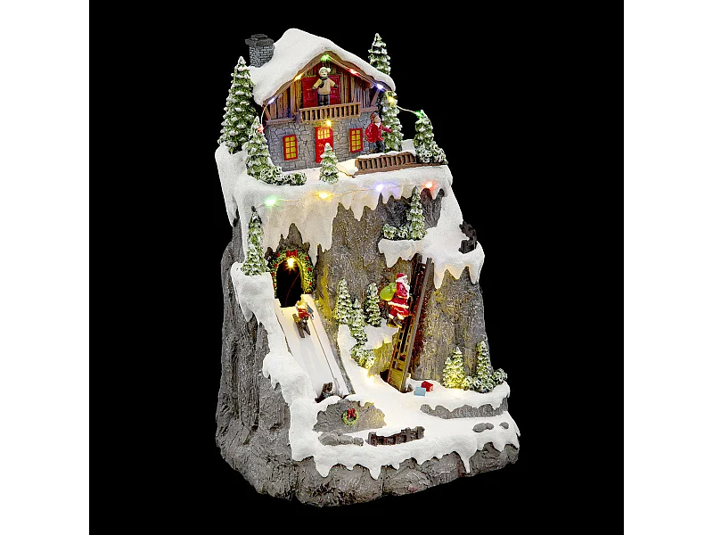 Village de Noël lumineux, animé et musical Chalet et Père Noël grimpeur