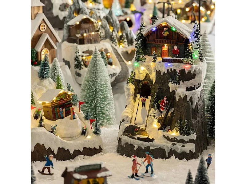 Village de Noël lumineux, animé et musical Chalet et Père Noël grimpeur