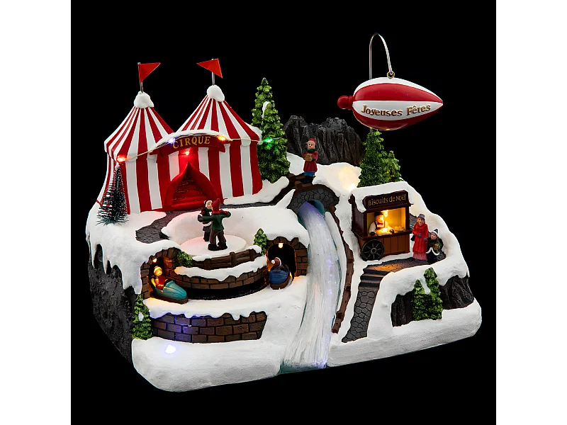 Village de Noël lumineux, animé et musical Cirque et Ballon dirigeable