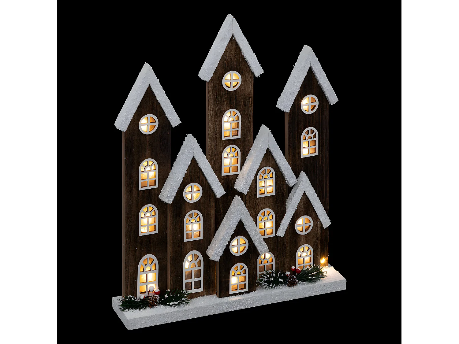 Déco Lumineuse Village enneigé en bois LED Blanc chaud H 40 cm