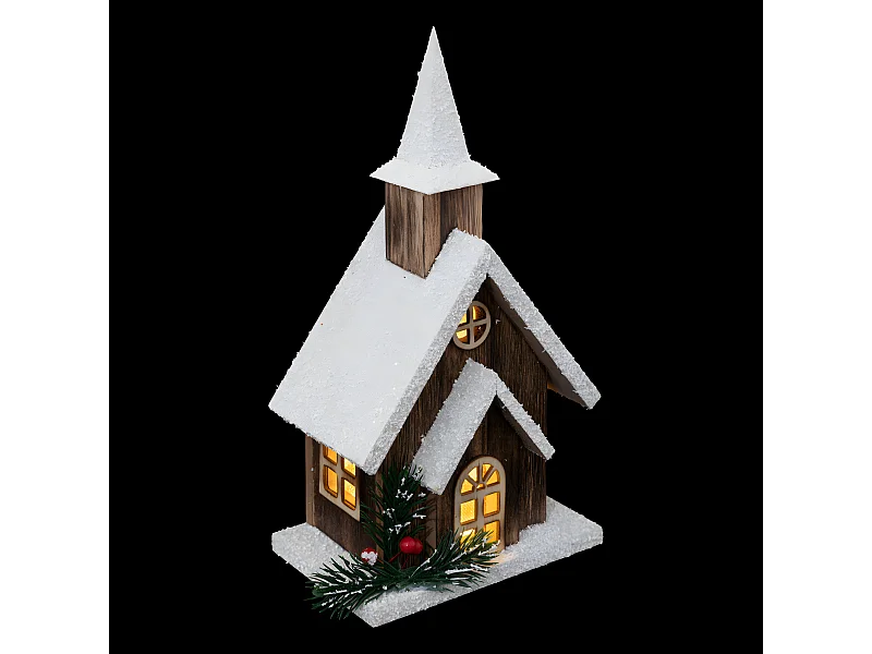 Déco Lumineuse Église enneigée en bois LED Blanc chaud H 27 cm