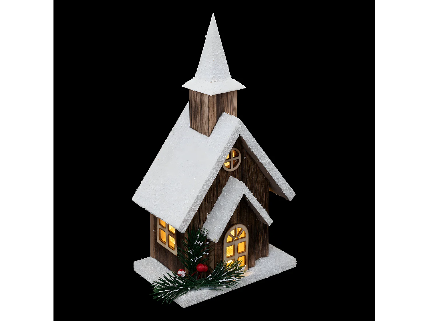 Déco Lumineuse Église enneigée en bois LED Blanc chaud H 27 cm