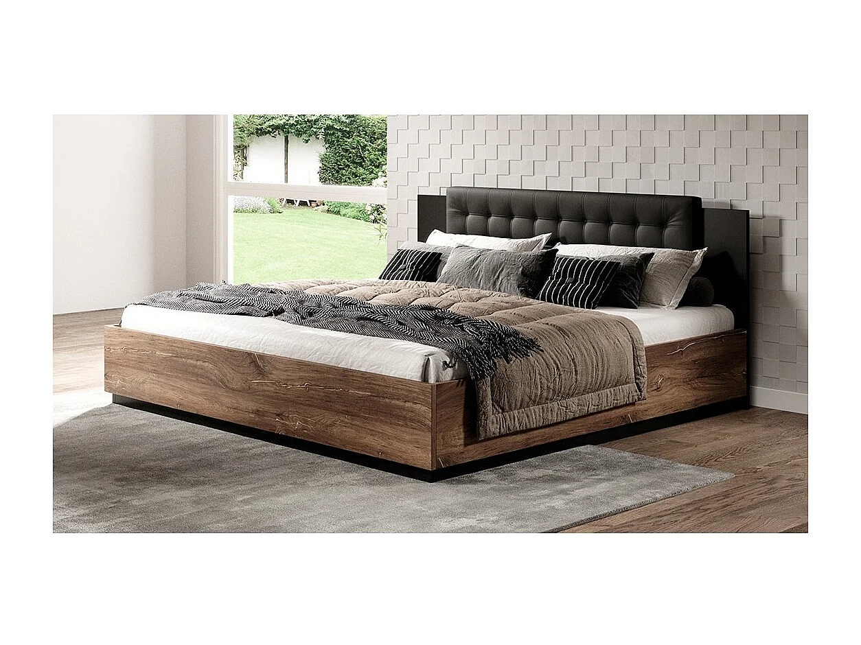 Cama con canapé 140x200 – Roble oscuro y negro – Colección FOX – Somier incluido