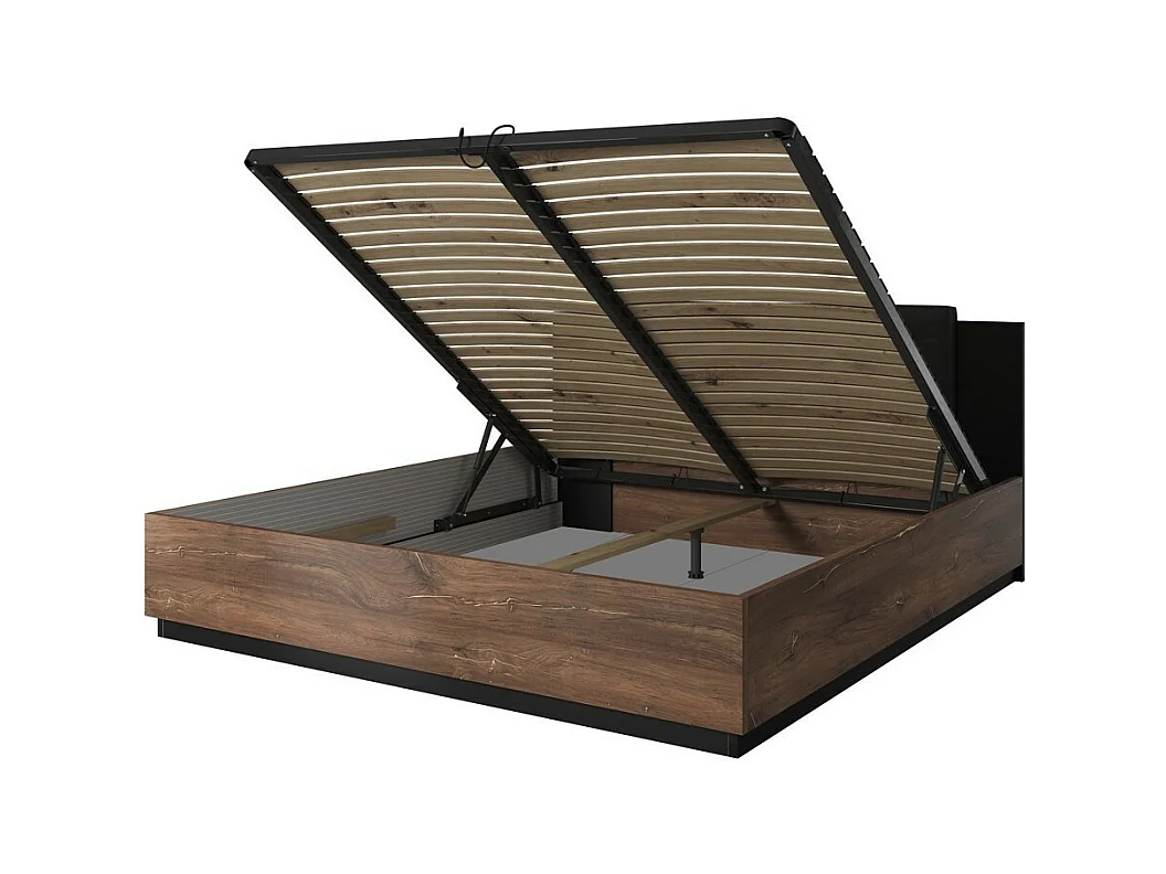 Lit coffre 140x200 – Chêne foncé et noir – Collection FOX – Sommier inclus