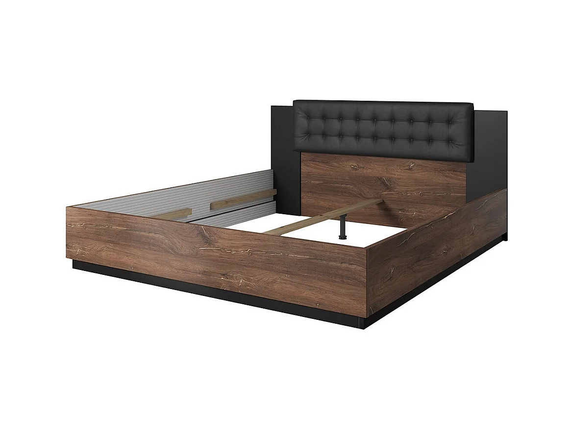 Lit adulte 140x200 – Chêne foncé et noir – Collection FOX – Sommier inclus