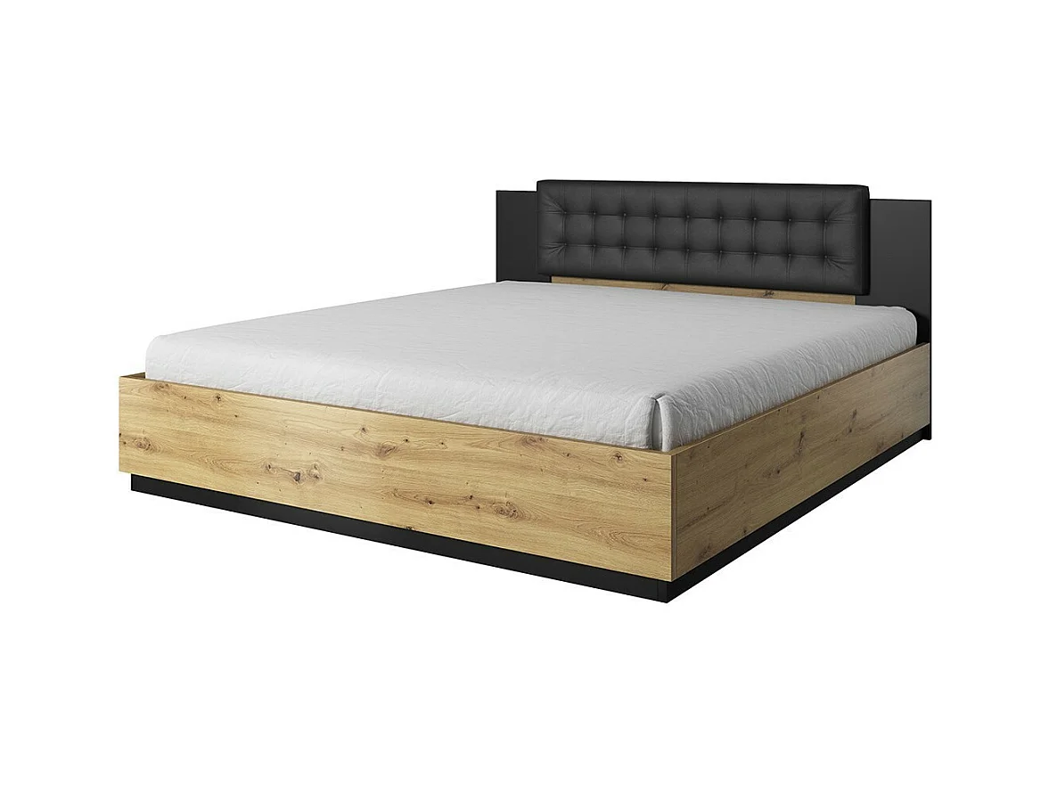 Lit adulte 140x200 coloris chêne clair et noir collection FOX. Sommier inclus