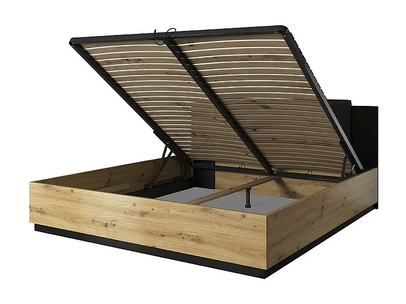 Bettgestell mit Stauraum 140x200 in heller Eiche und Schwarz, Kollektion FOX.
