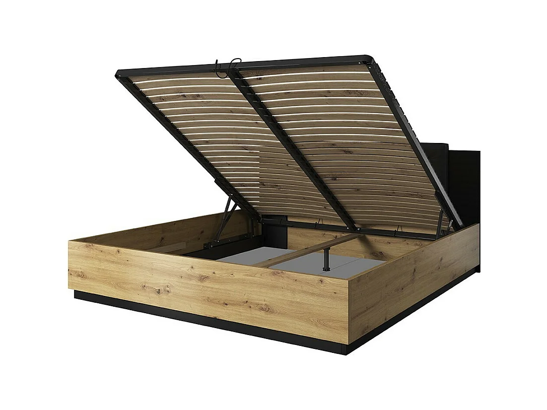 Opbergbed 140x200 in lichte eiken en zwarte kleur, FOX collectie.