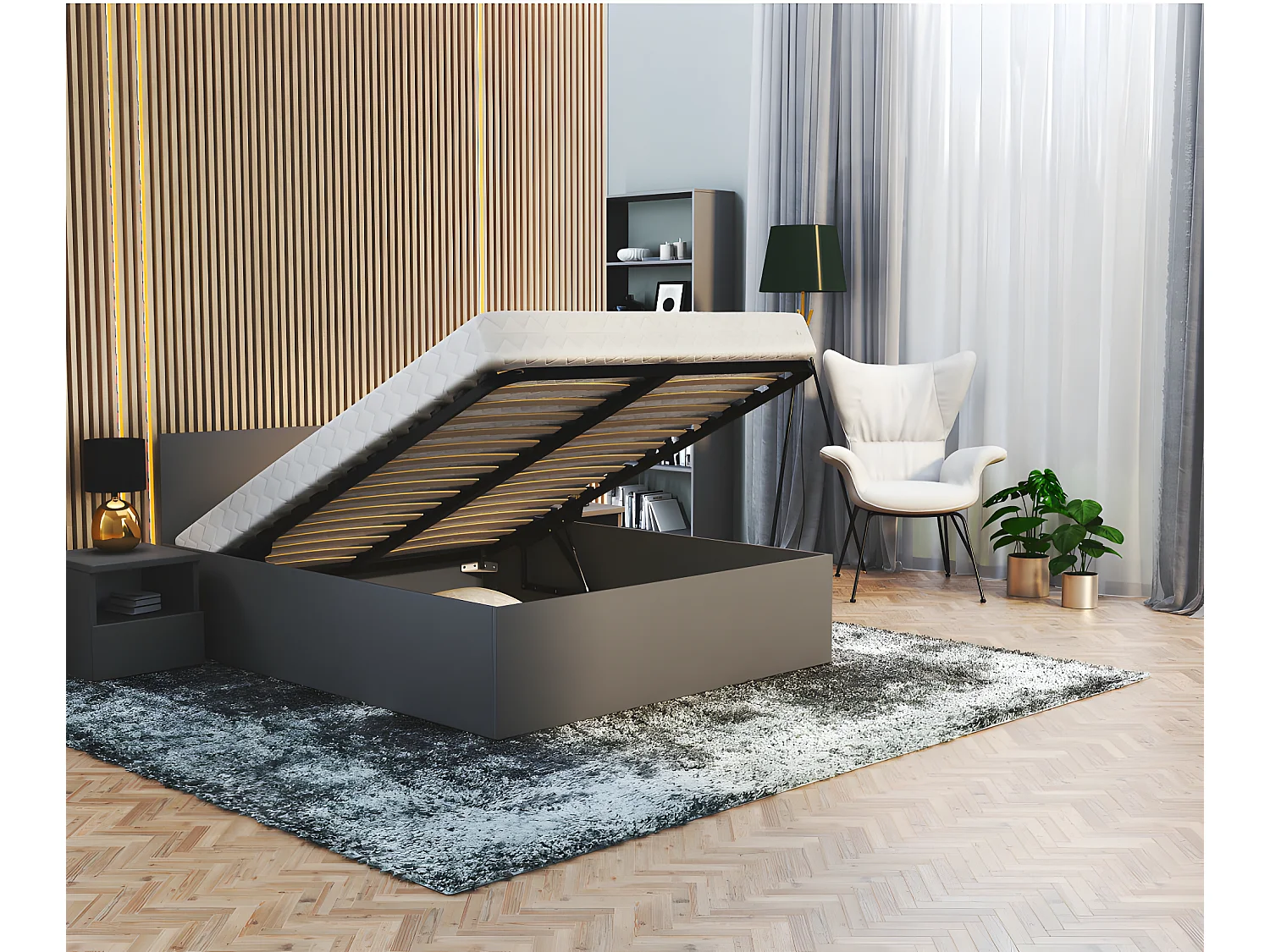 Lit coffre Paris 120 x 200 cm avec sommier à lattes relevable Gris