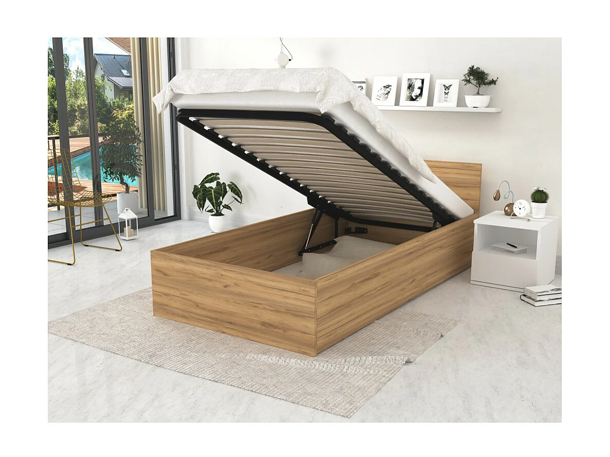 Lit coffre Paris 90 x 200 cm avec sommier à lattes relevable Chêne