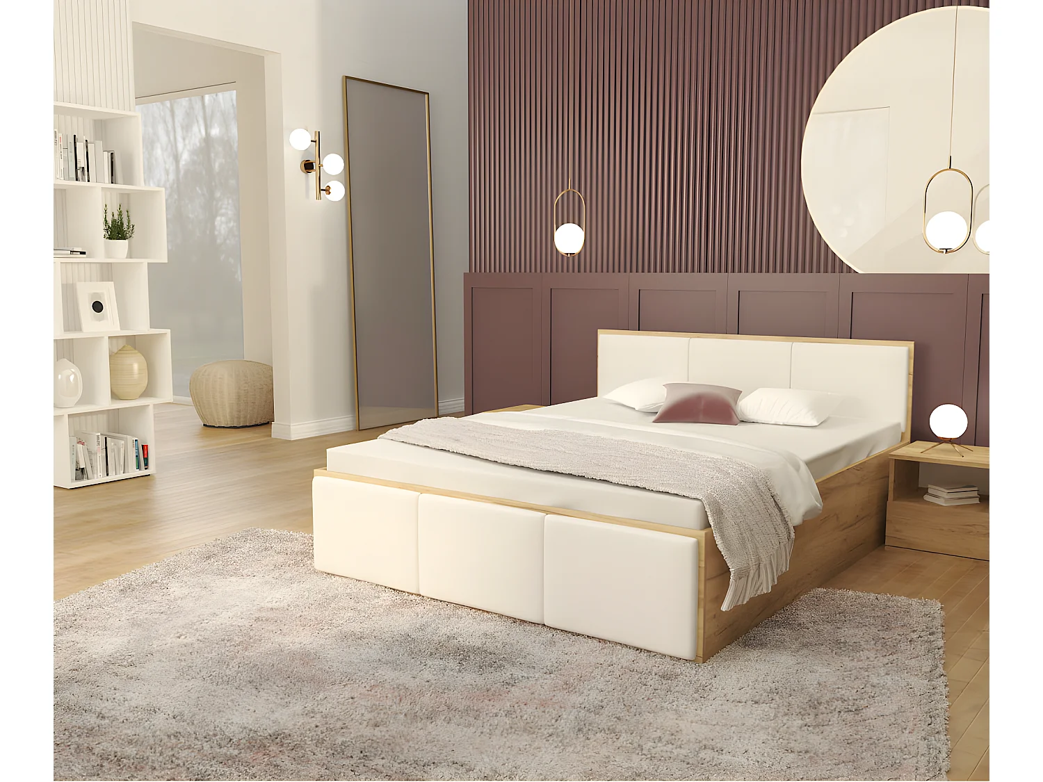 Lit coffre Barcelona 120 x 200 cm avec sommier à lattes relevable Chêne - Blanc