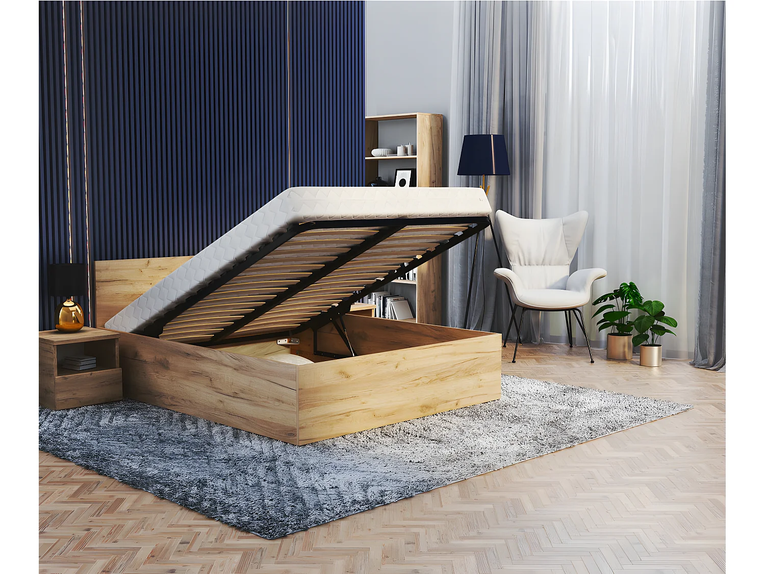 Lit coffre Paris 120 x 200 cm avec sommier à lattes relevable Chêne