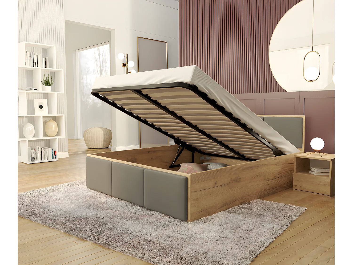 Lit coffre Barcelona 140 x 200 cm avec sommier à lattes relevable Chêne - Gris fonce