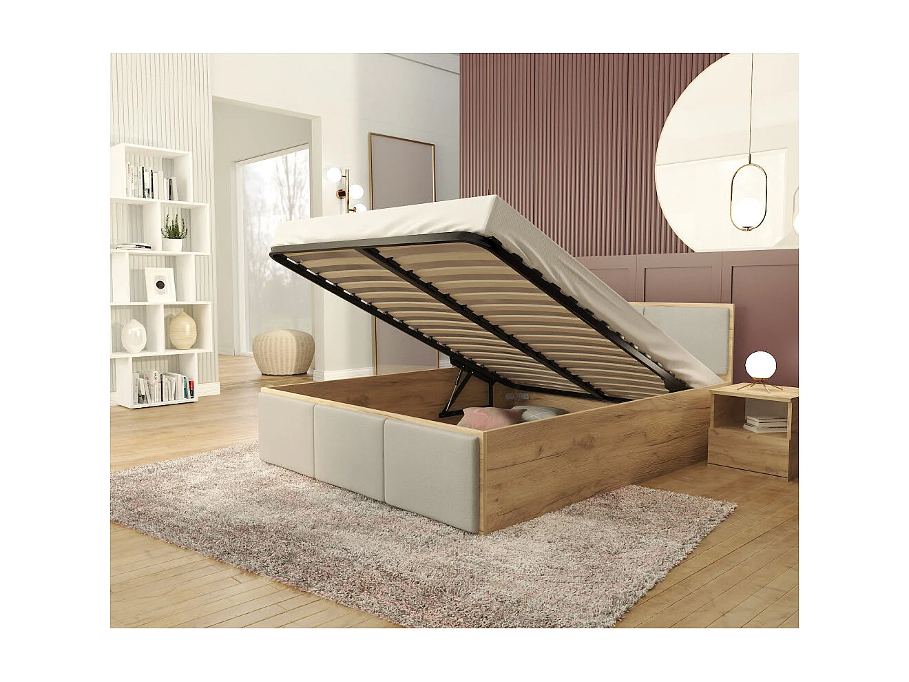 Lit coffre Barcelona 120 x 200 cm avec sommier à lattes relevable Chêne - Gris clair