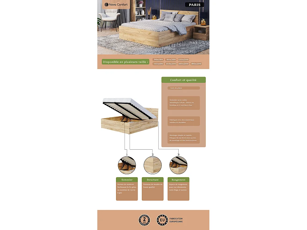 Lit coffre Paris 140 x 200 cm avec sommier à lattes relevable Blanc