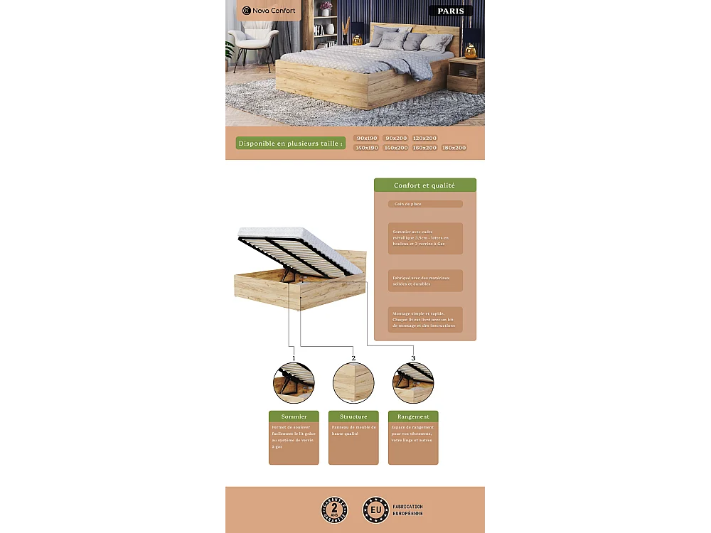 Lit coffre Paris 140 x 200 cm avec sommier à lattes relevable Blanc