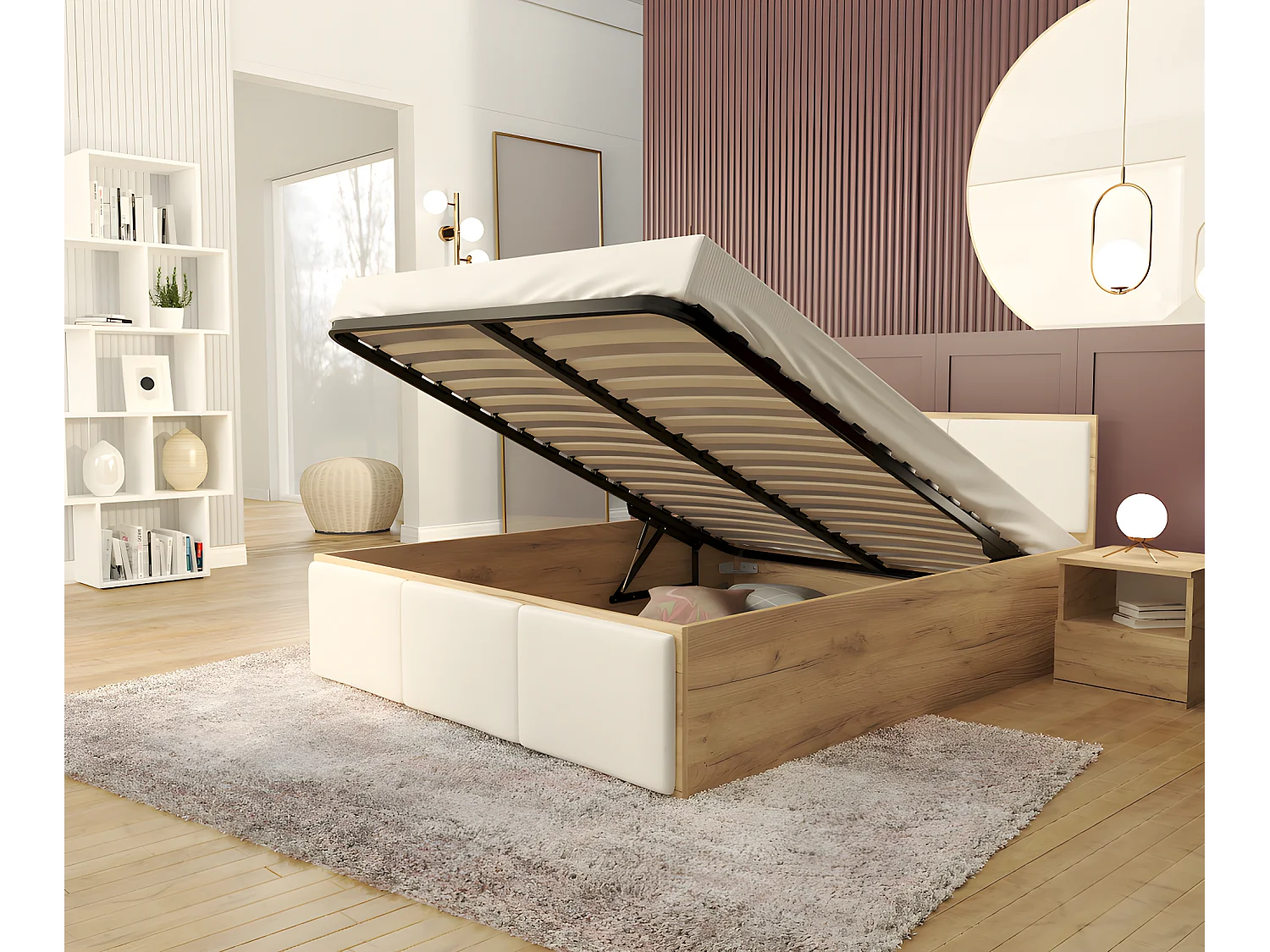 Lit coffre Barcelona 140 x 200 cm avec sommier à lattes relevable Chêne - Blanc