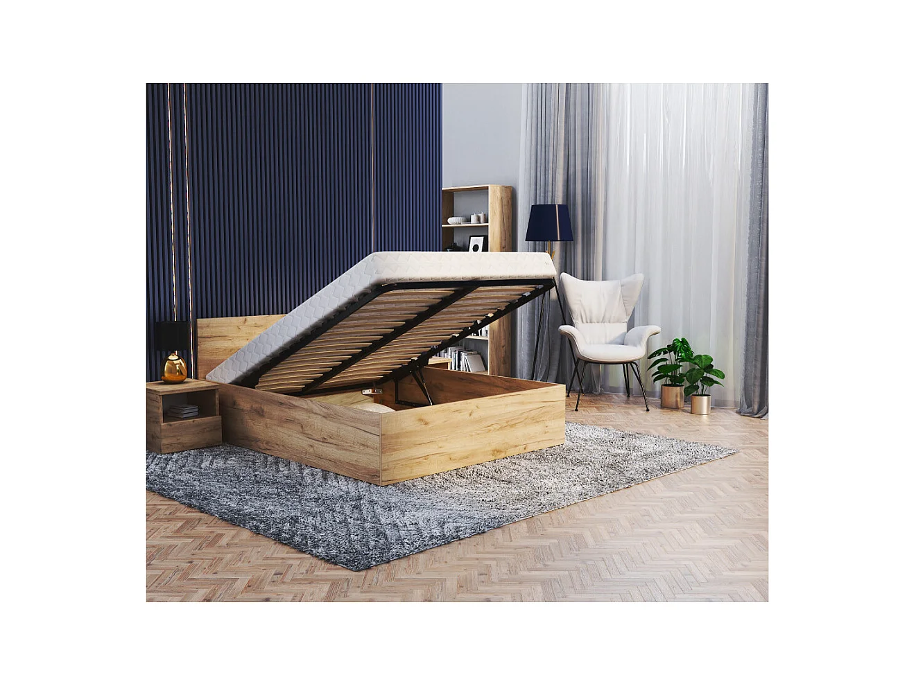 Lit coffre Paris 140 x 200 cm avec sommier à lattes relevable Chêne
