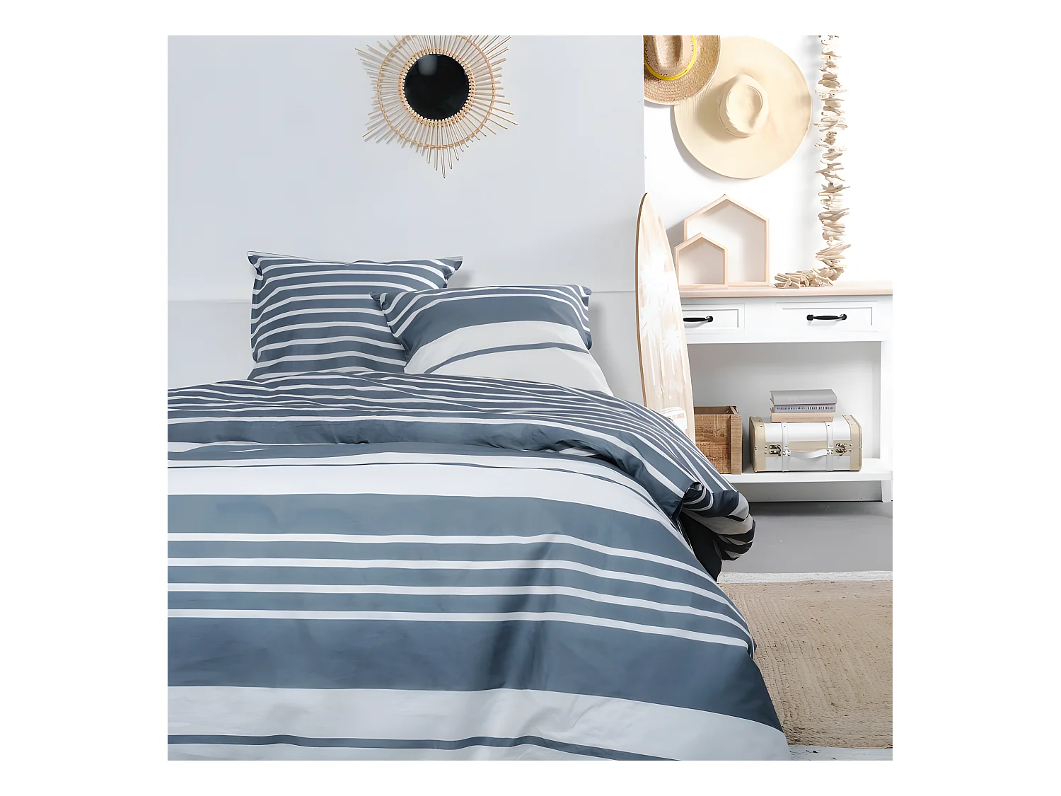 Housse de couette imprimée + 2 housses quadrant, qualité 100% coton M/Navy 260x240cm