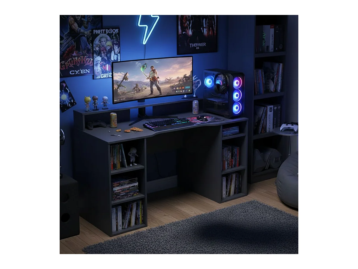 Table de bureau gamer OZONE - Noir - 136 x 67 x 88 cm - Avec étagere supérieure pour écran