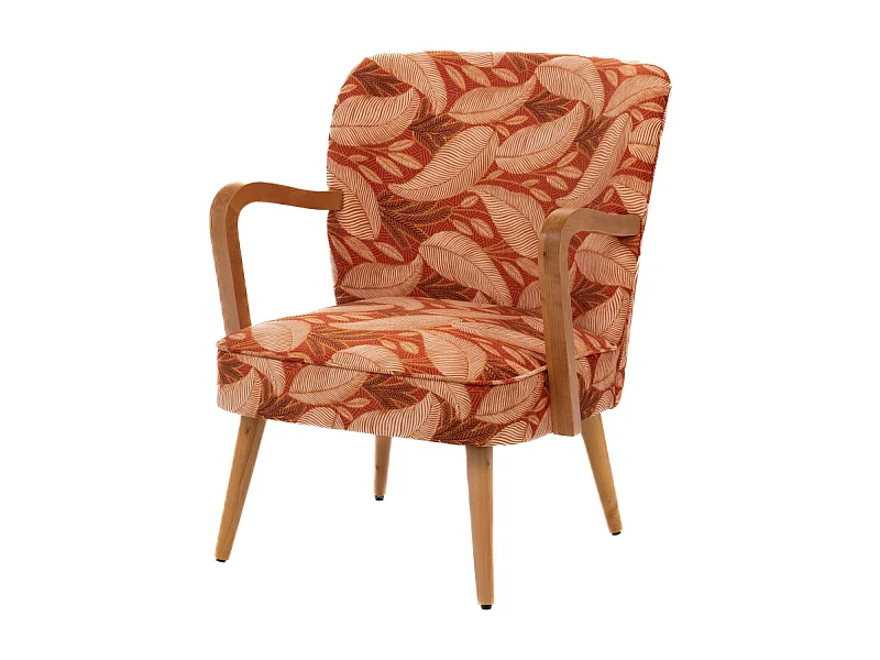 Fauteuil rétro en tissu feuillage et accoudoirs en bois - HONEY