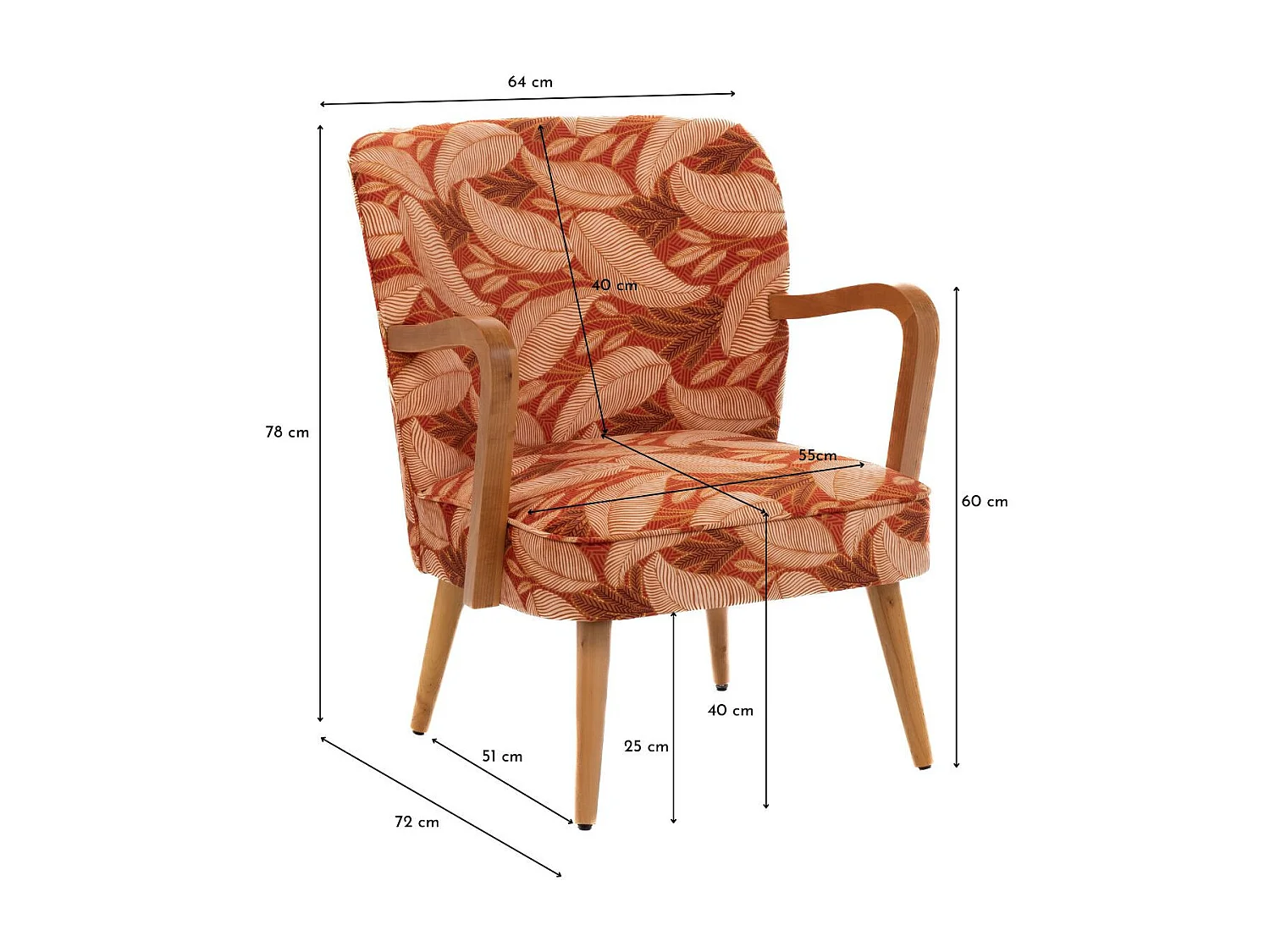 Fauteuil rétro en tissu feuillage et accoudoirs en bois - HONEY