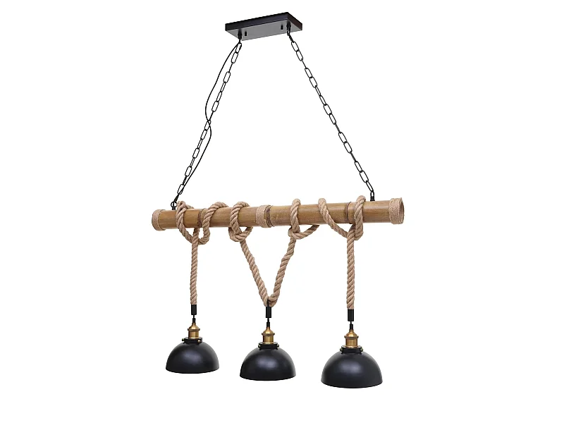 Suspension Lampe lustres style industrielle vintage bambou corde métal noir 3x abat-jour dôme 04_0003598