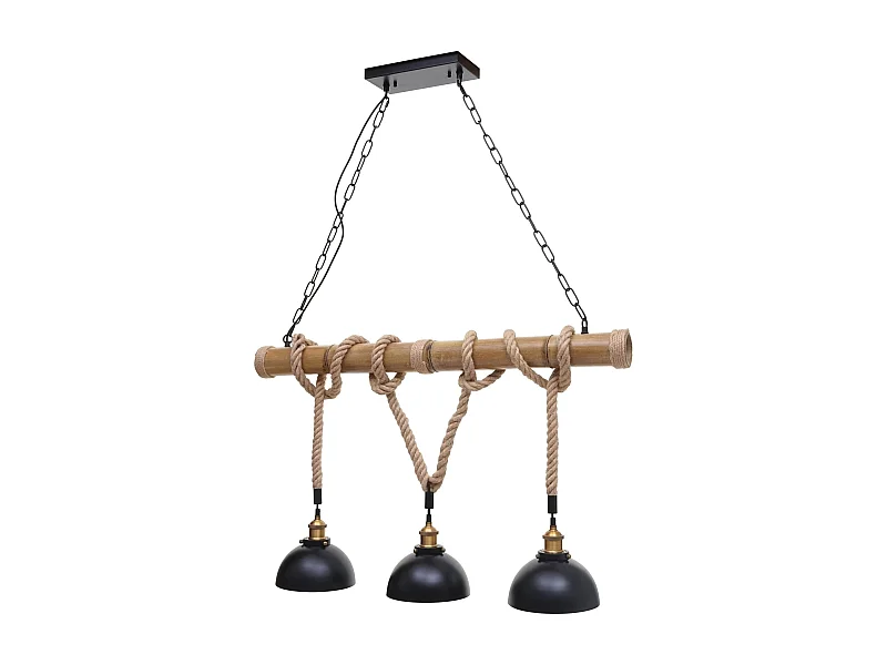 Suspension Lampe lustres style industrielle vintage bambou corde métal noir 3x abat-jour dôme 04_0003598