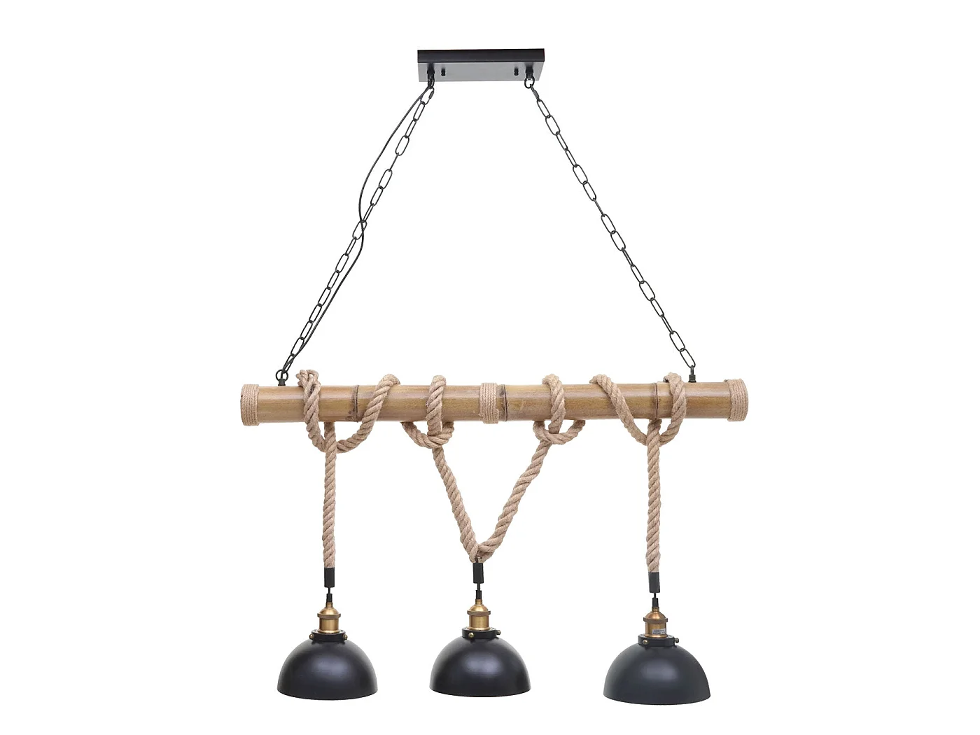Suspension Lampe lustres style industrielle vintage bambou corde métal noir 3x abat-jour dôme 04_0003598