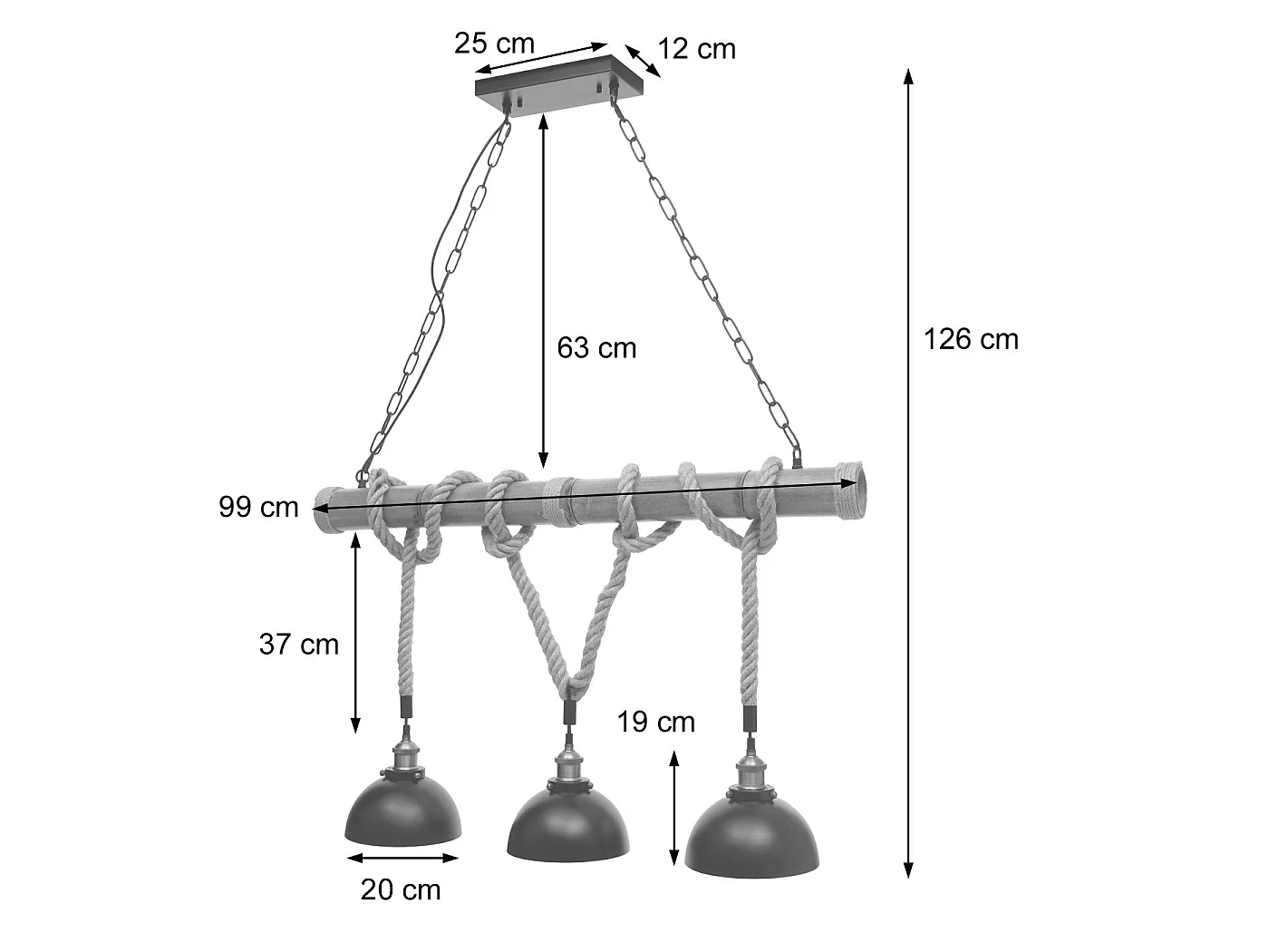 Suspension Lampe lustres style industrielle vintage bambou corde métal noir 3x abat-jour dôme 04_0003598