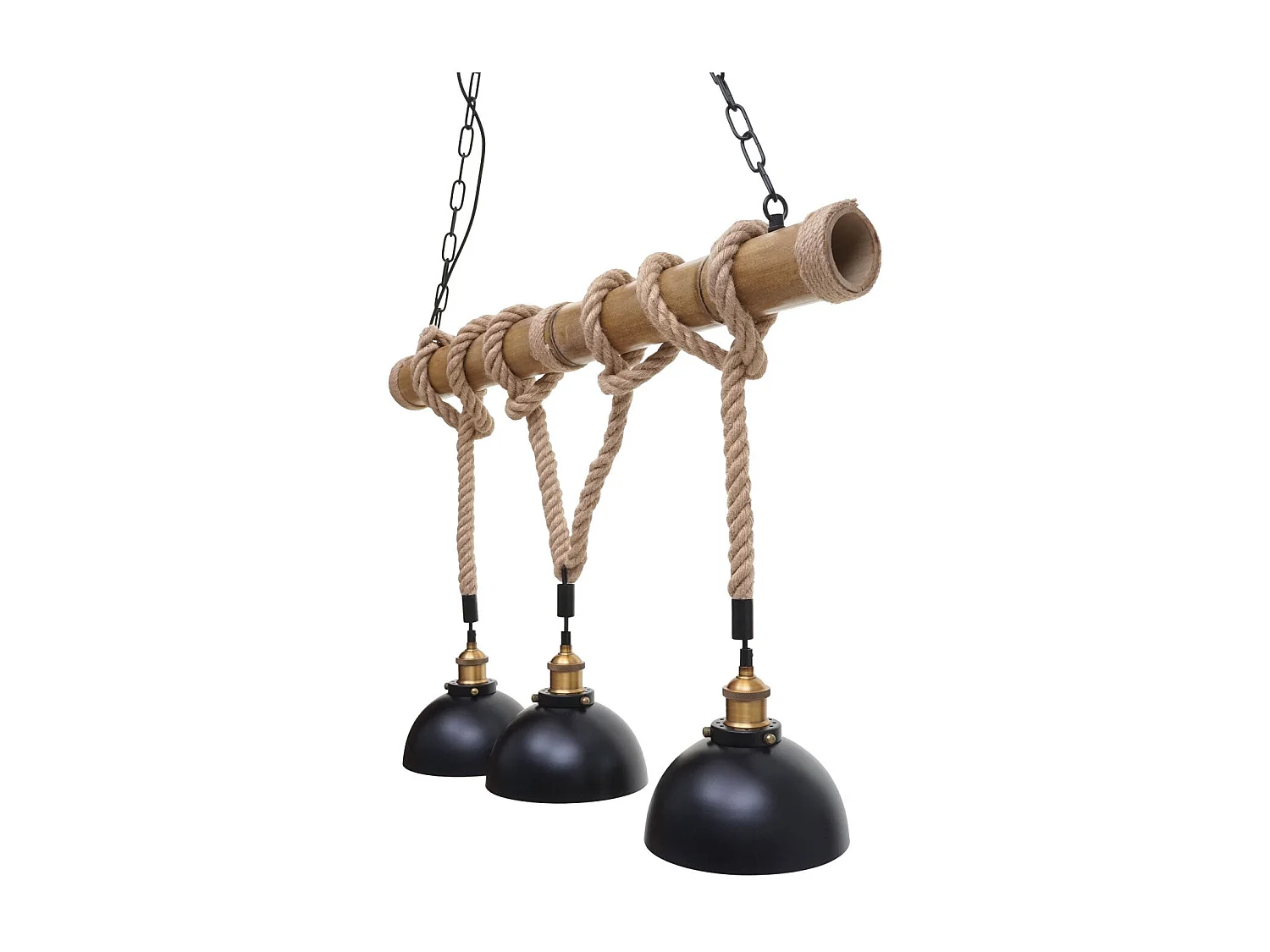 Suspension Lampe lustres style industrielle vintage bambou corde métal noir 3x abat-jour dôme 04_0003598