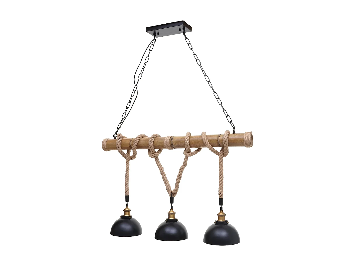 Suspension Lampe lustres style industrielle vintage bambou corde métal noir 3x abat-jour dôme 04_0003598