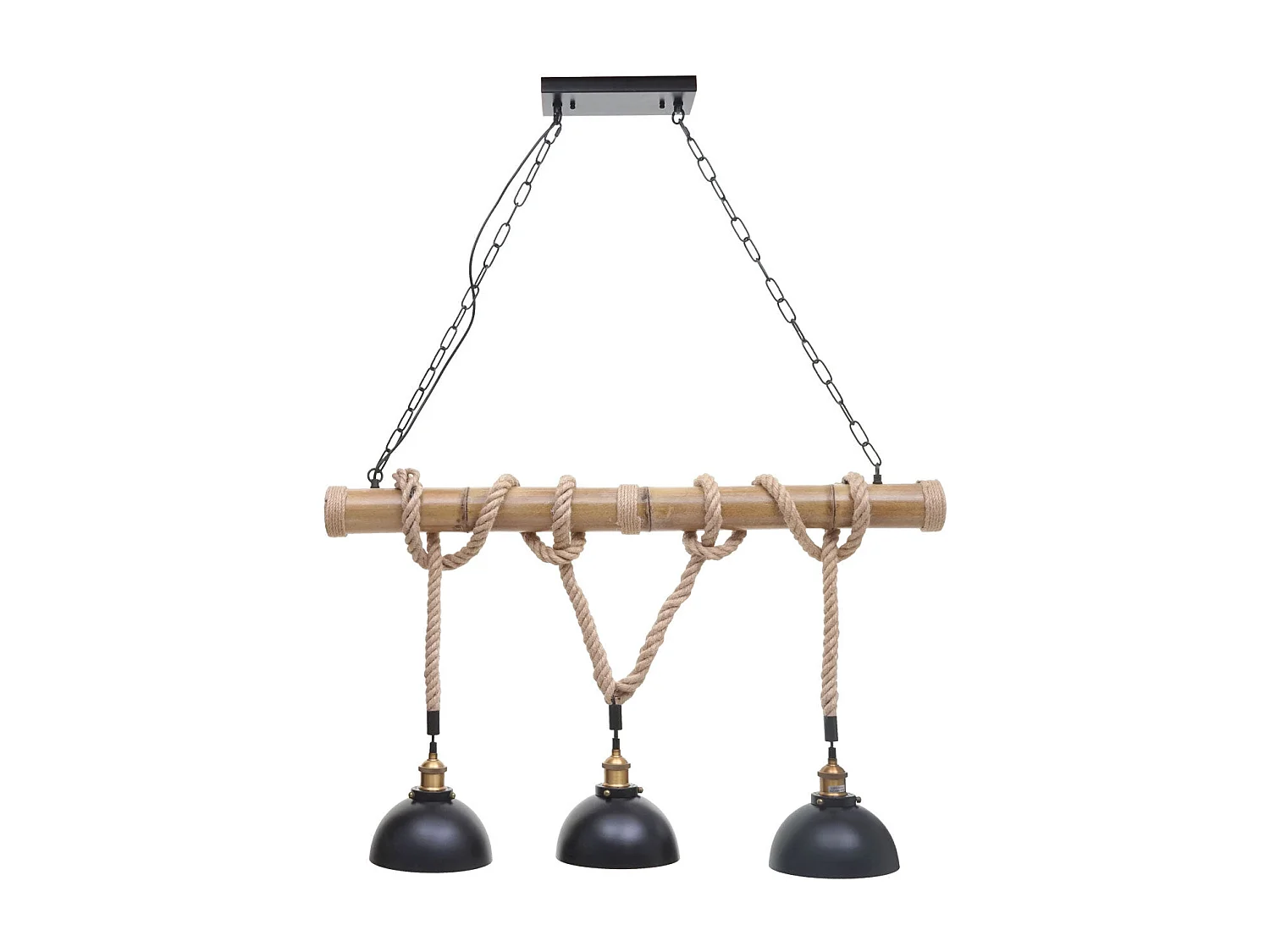 Suspension Lampe lustres style industrielle vintage bambou corde métal noir 3x abat-jour dôme 04_0003598
