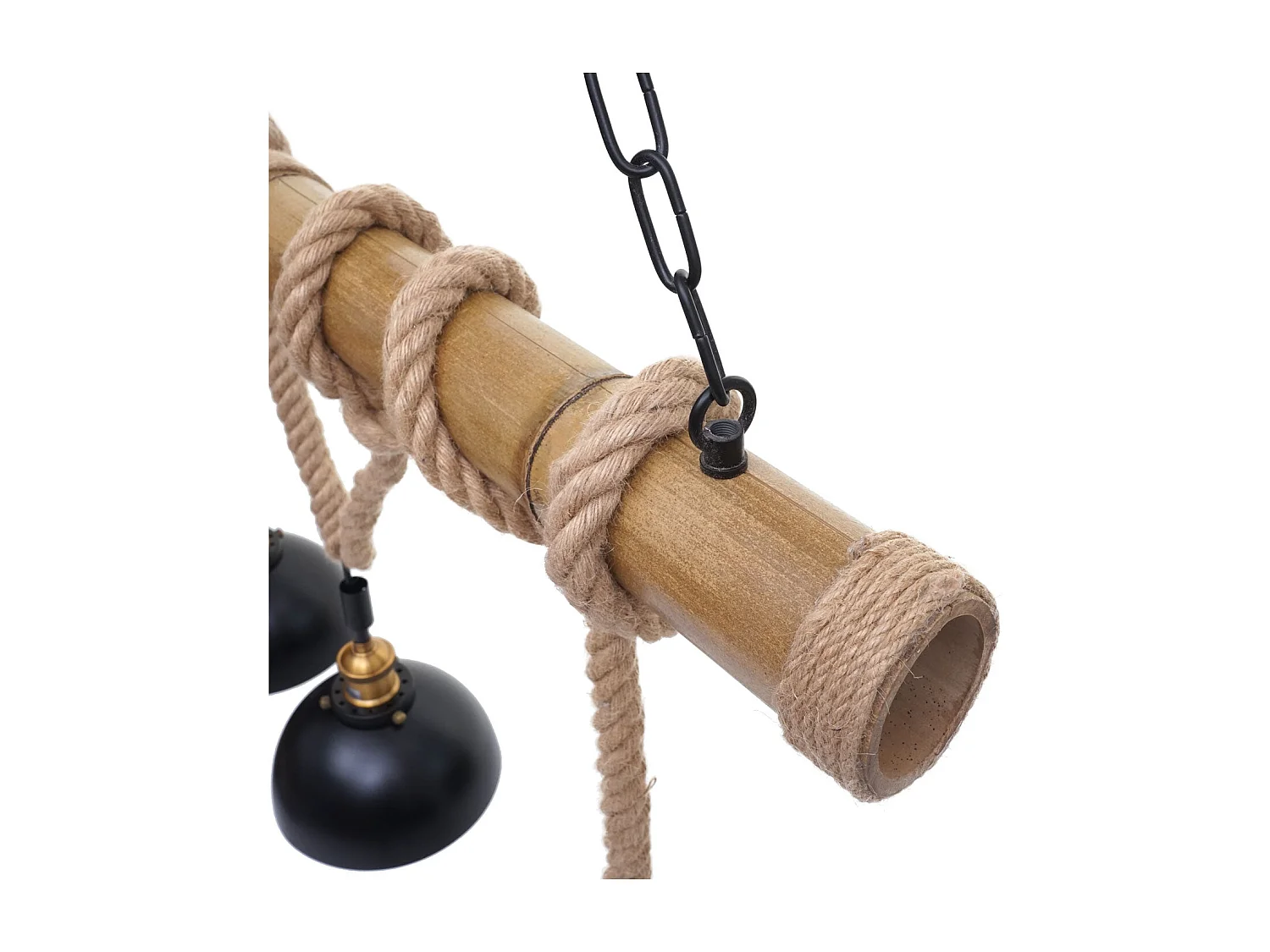 Suspension Lampe lustres style industrielle vintage bambou corde métal noir 3x abat-jour dôme 04_0003598