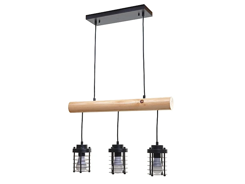 Suspension lampe suspendue suspension design industriel vintage bois massif métal noir 3 abat-jour 04_0004049