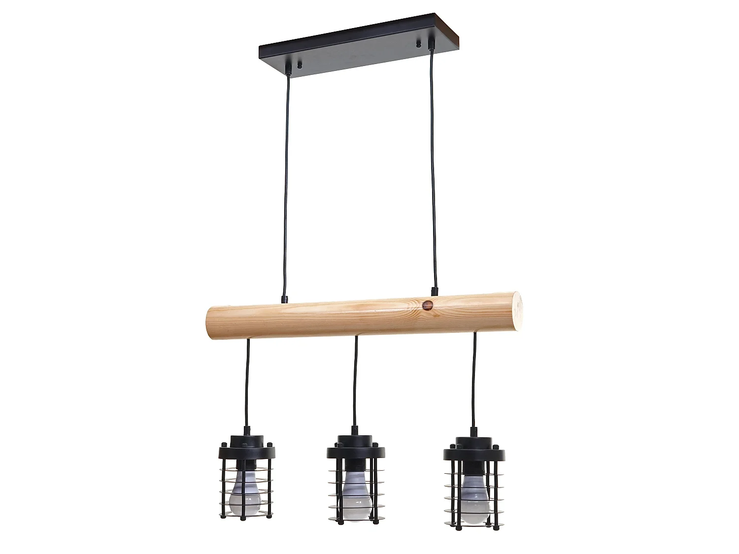 Suspension lampe suspendue suspension design industriel vintage bois massif métal noir 3 abat-jour 04_0004049