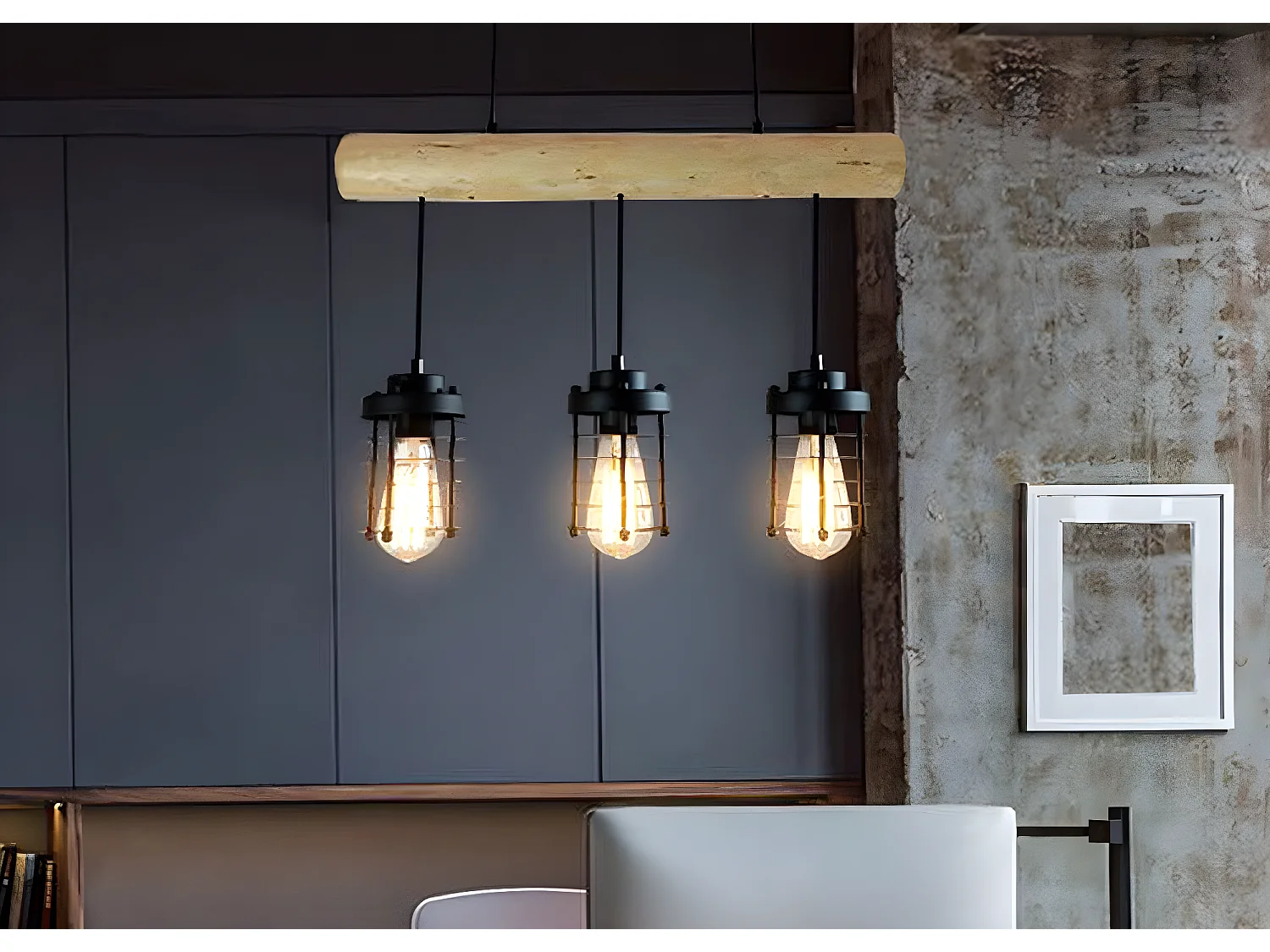 Suspension lampe suspendue suspension design industriel vintage bois massif métal noir 3 abat-jour 04_0004049