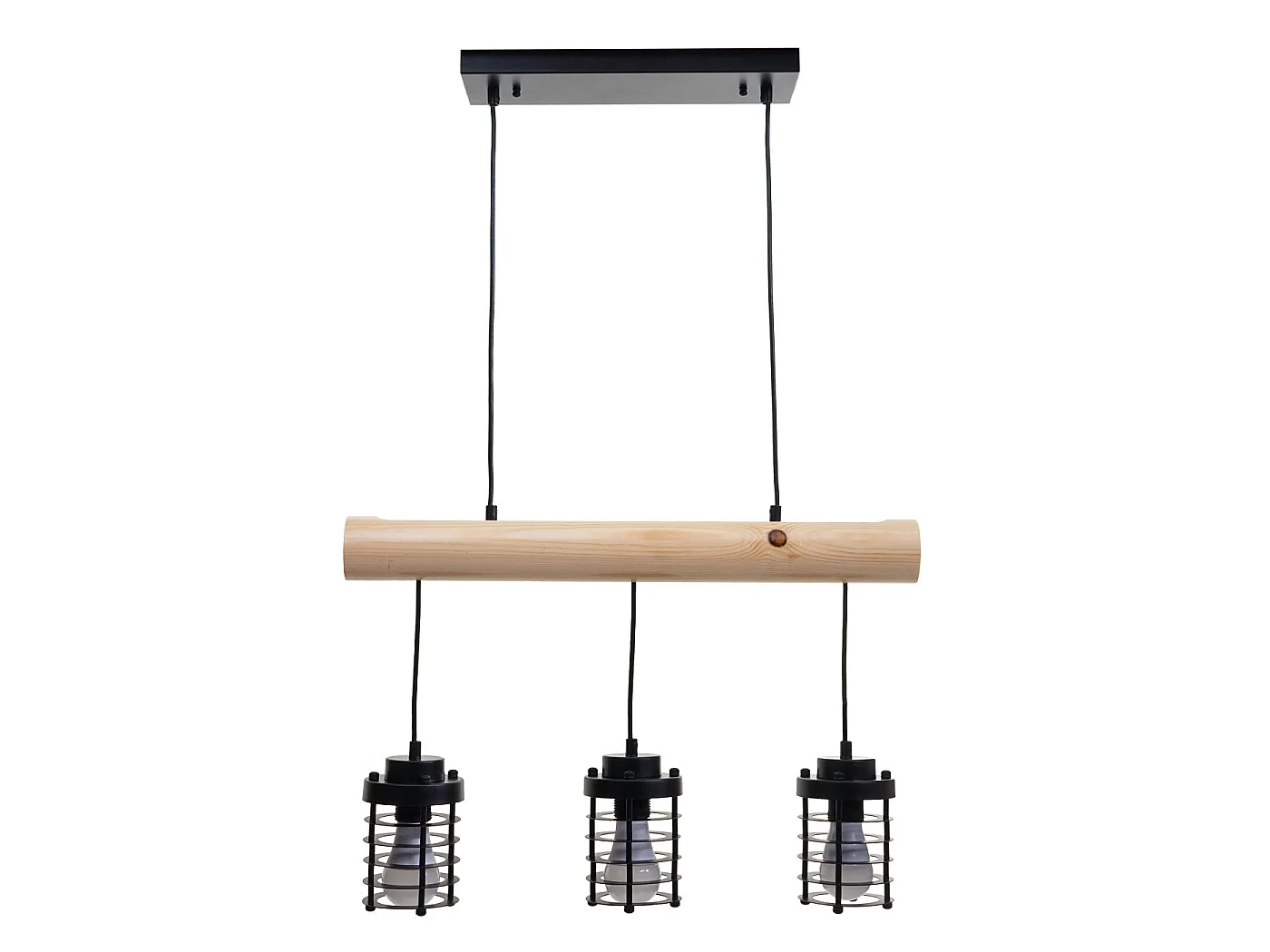 Suspension lampe suspendue suspension design industriel vintage bois massif métal noir 3 abat-jour 04_0004049