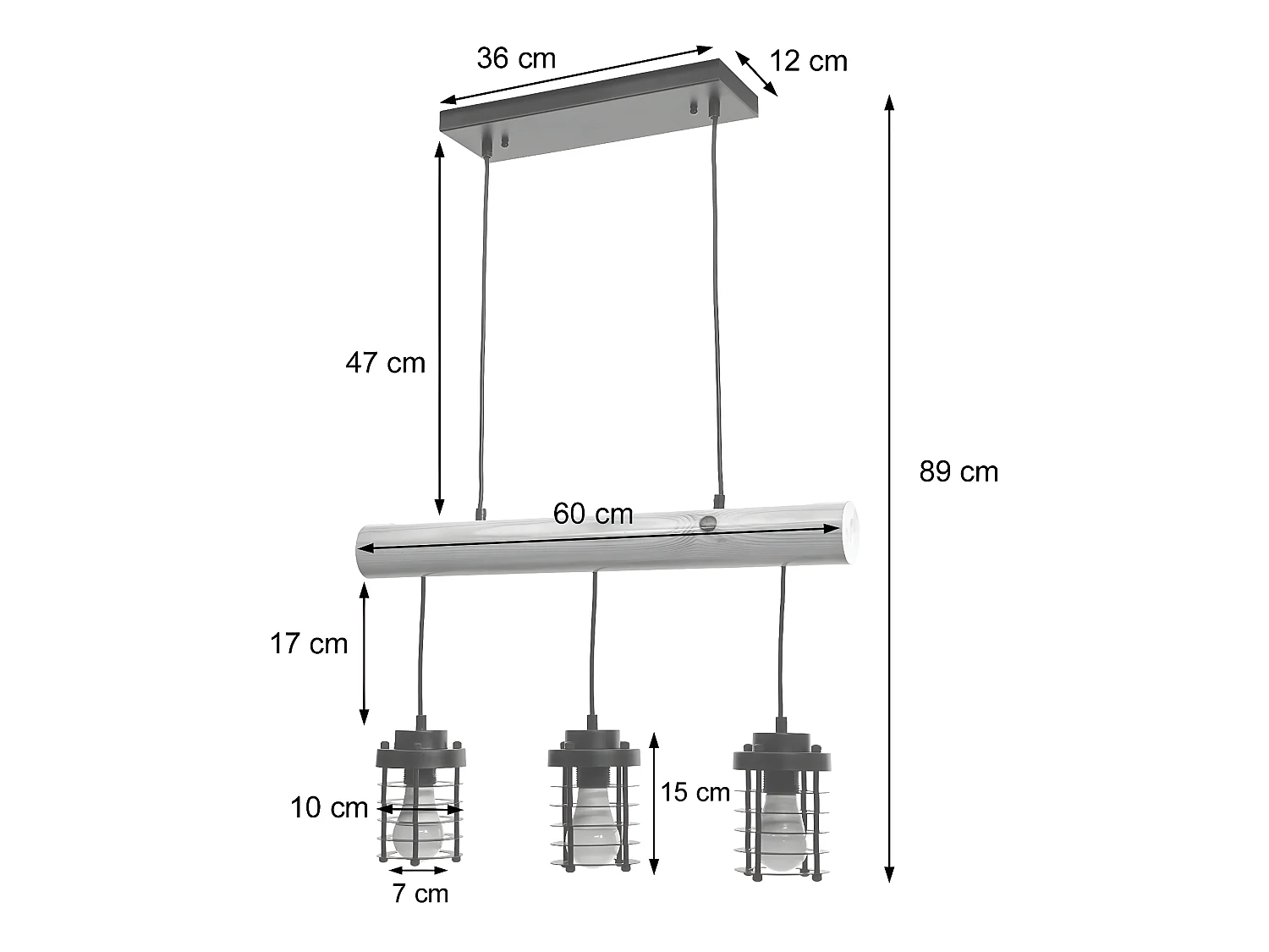 Suspension lampe suspendue suspension design industriel vintage bois massif métal noir 3 abat-jour 04_0004049