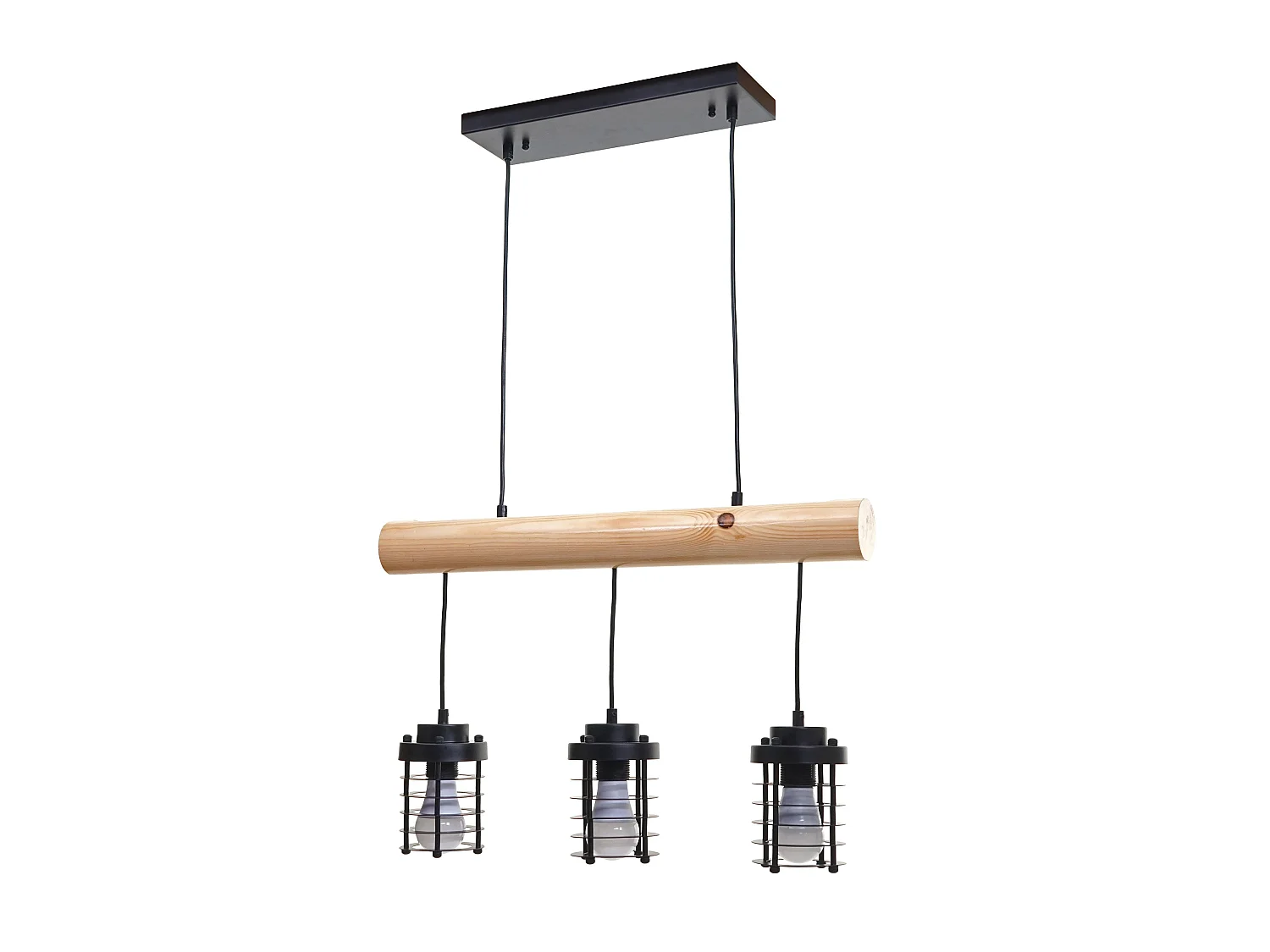 Suspension lampe suspendue suspension design industriel vintage bois massif métal noir 3 abat-jour 04_0004049