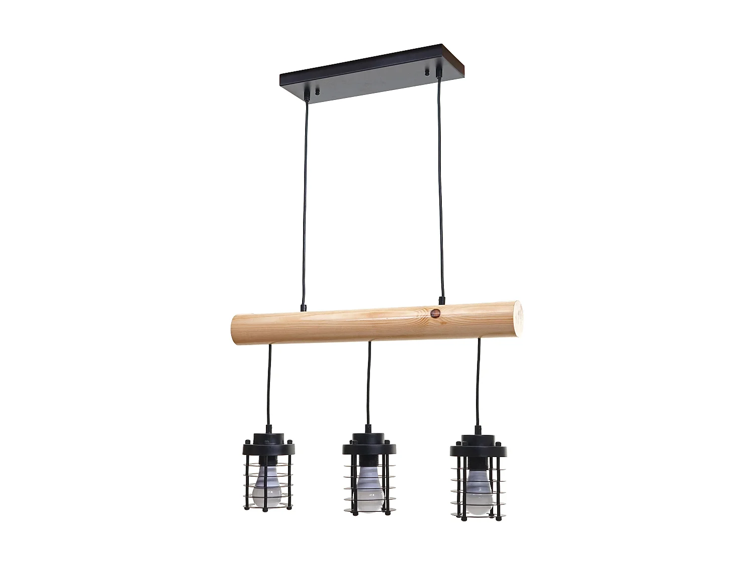 Suspension lampe suspendue suspension design industriel vintage bois massif métal noir 3 abat-jour 04_0004049
