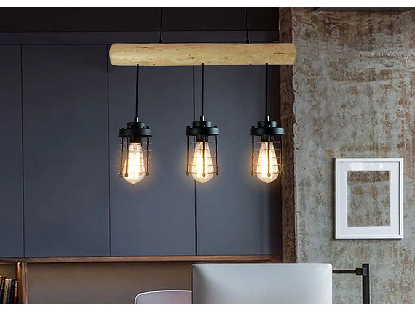 Suspension lampe suspendue suspension design industriel vintage bois massif métal noir 3 abat-jour 04_0004049