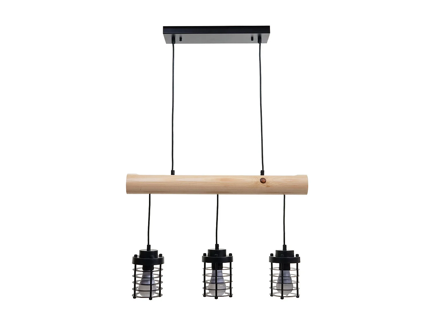 Suspension lampe suspendue suspension design industriel vintage bois massif métal noir 3 abat-jour 04_0004049