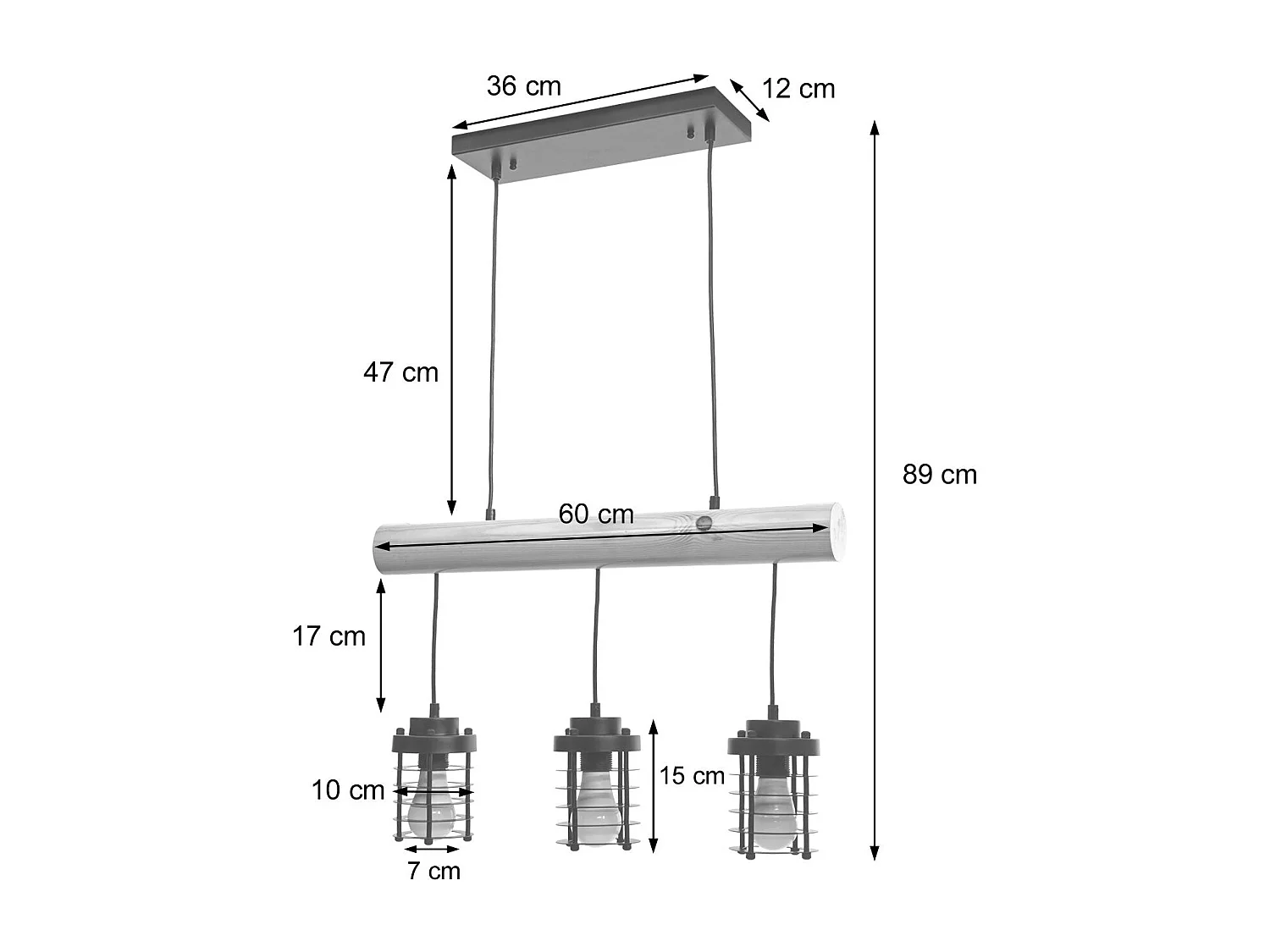 Suspension lampe suspendue suspension design industriel vintage bois massif métal noir 3 abat-jour 04_0004049