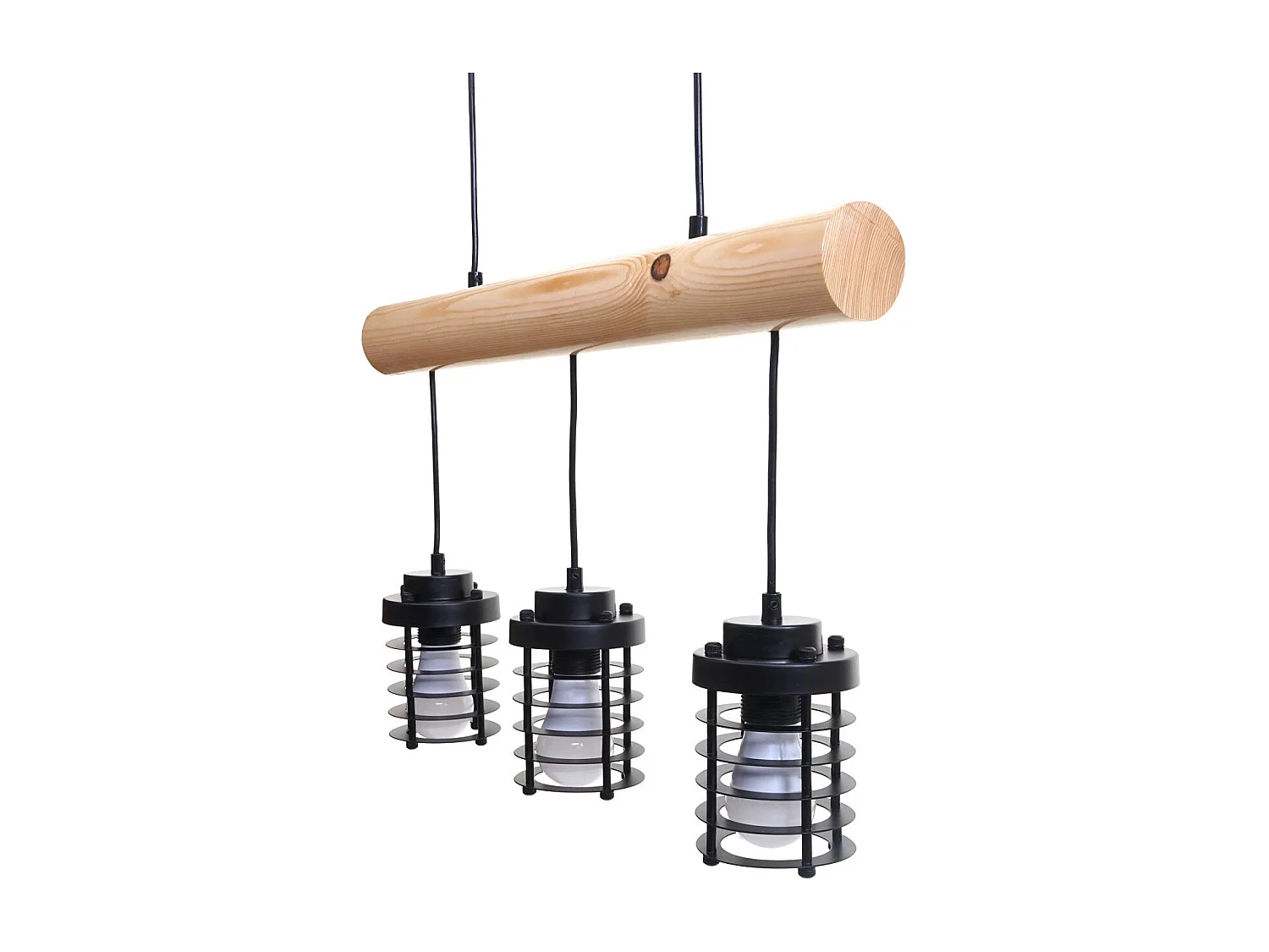Suspension lampe suspendue suspension design industriel vintage bois massif métal noir 3 abat-jour 04_0004049